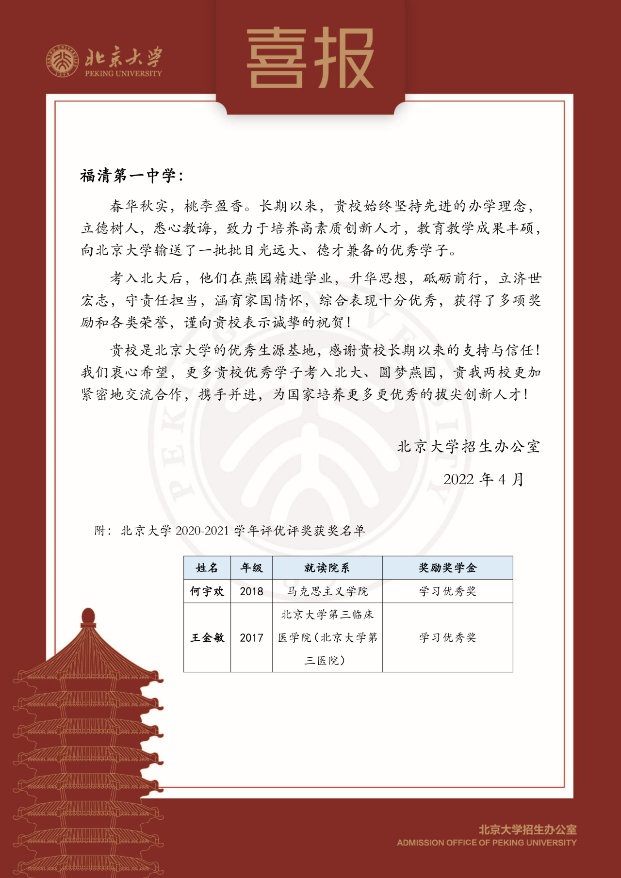 北京大学向福清一中发来喜报